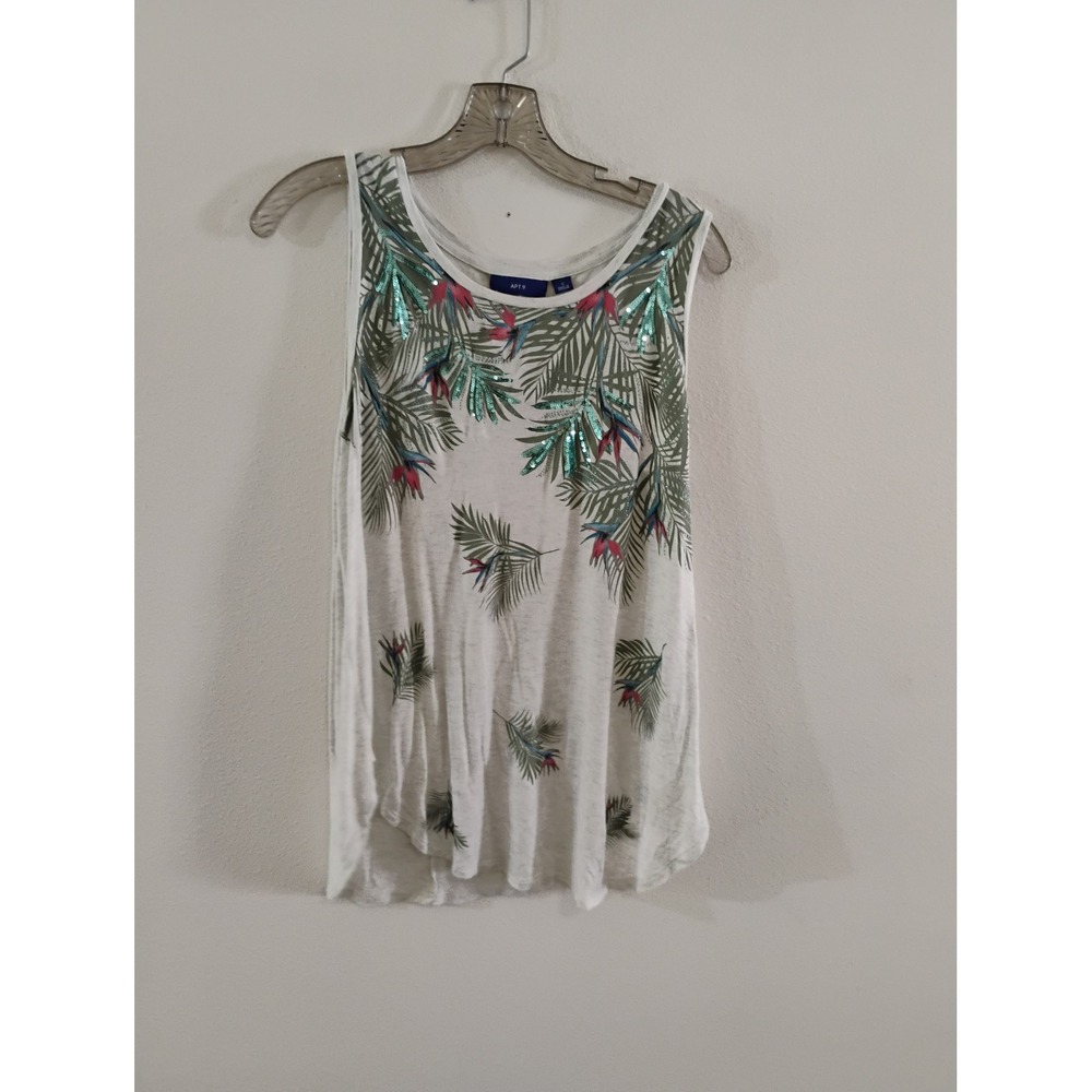 Apt. 9 Womens Small Tropical Palm Sequin Tank Top White Sleeveless Scoop Neck